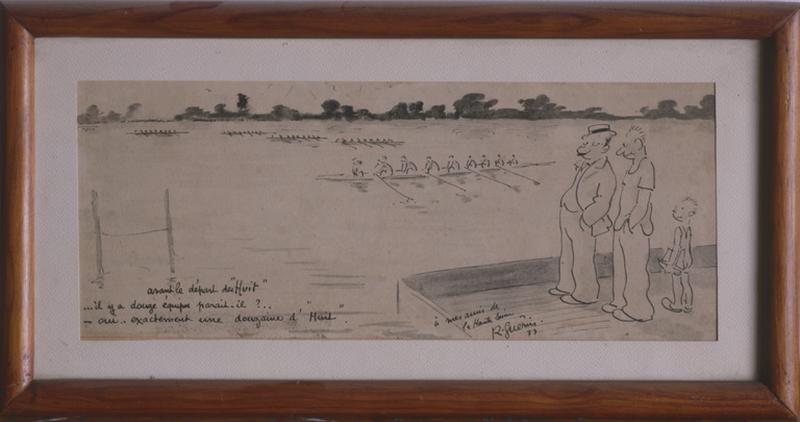 Dessin humoristique de R. Guérin dédié aux membres de la SNHS, encadré et exposé dans le club-house. 1933.