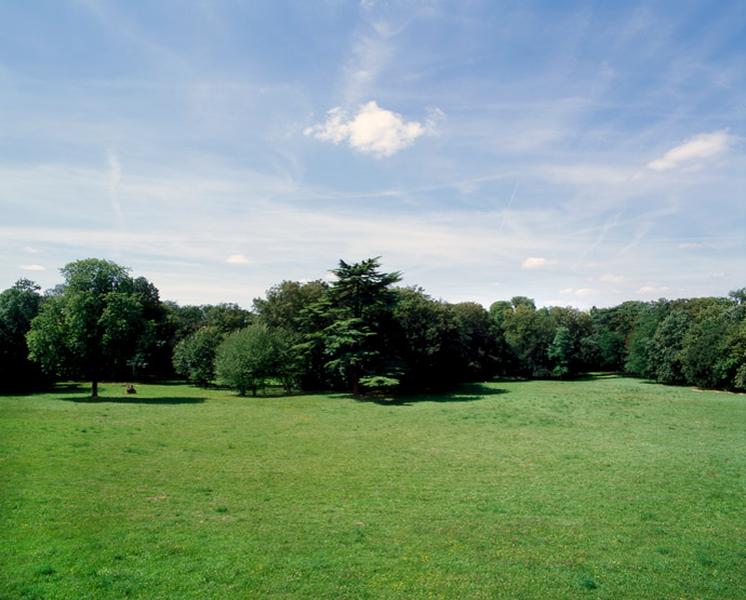 Le parc du château vu d'une fenêtre du premier étage : la grande pelouse bordée d'un front boisé.