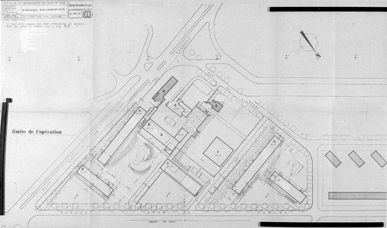 Plan-masse de l'opération de 213 logements (1ère tranche de 5 immeubles).