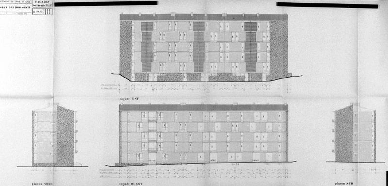 Opération de 213 logements (1ère tranche) : façades et pignons des bâtiments B et E de 4 étages carrés.