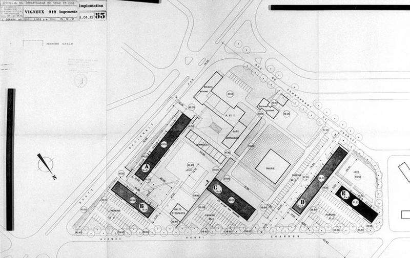 Opération de 213 logements (1ère tranche) : plan d'implantation des 5 immeubles.