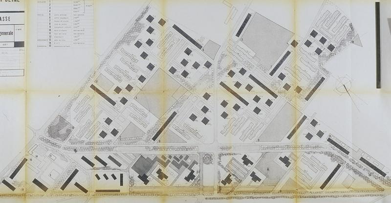 Plan-masse faisant ressortir les différents groupes de bâtiments : ponctuels, longs, individuels et tours. 1961-1962.