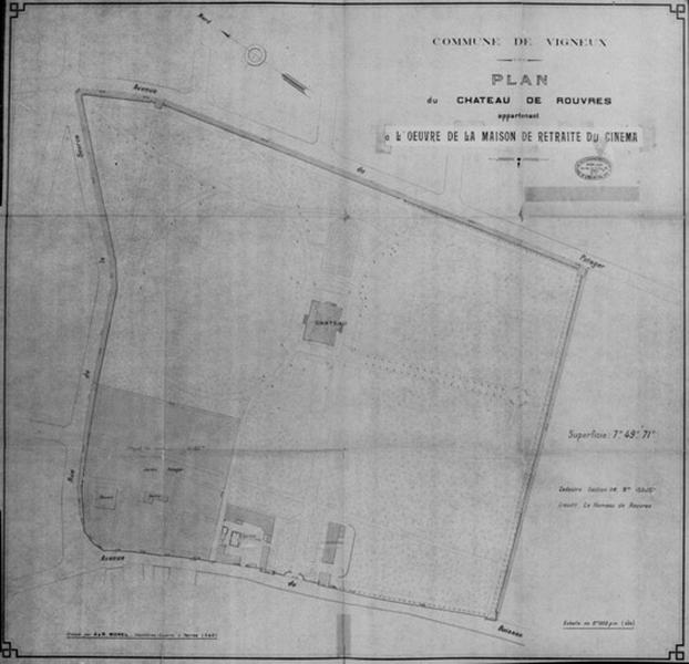 Plan d'ensemble du domaine de Rouvres appartenant à l'Oeuvre de la maison de retraite du cinéma, dressé par A. Morel, géomètre-expert à Yerres, s.d.