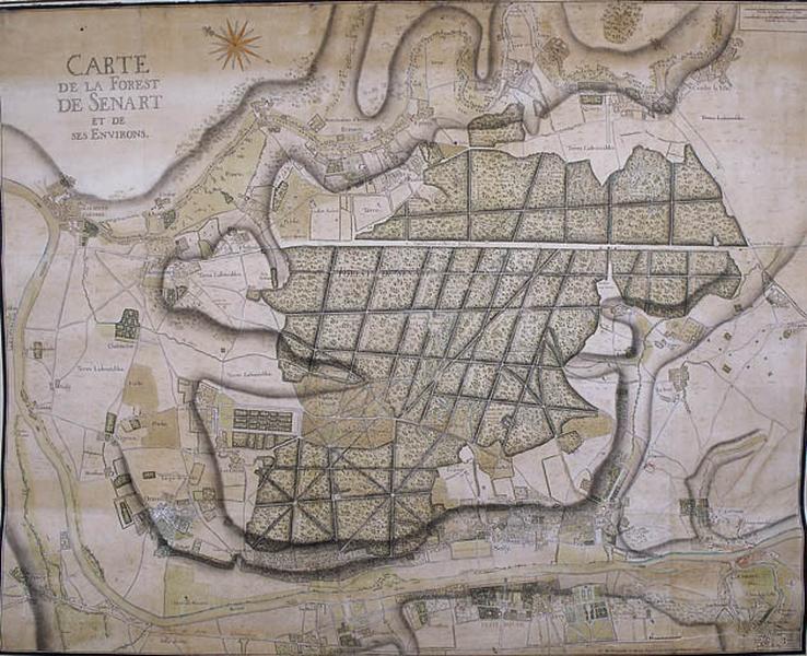 Carte de la forêt de Sénart et de ses environs, par Bourgault et Matis, arpenteurs ordinaires du roi, 1708 : vue d'ensemble.