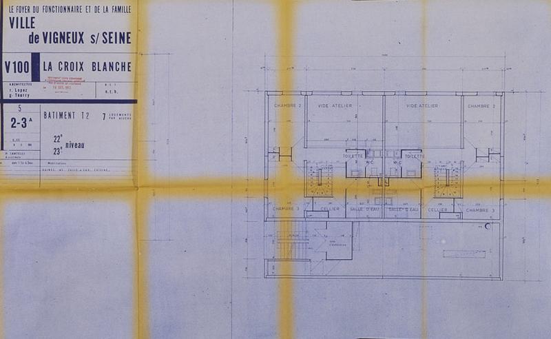 Bâtiment T2, 22e-23e niveaux (7 logements par niveau) : plan du niveau supérieur de 2 appartements en duplex du dernier niveau de la tour.