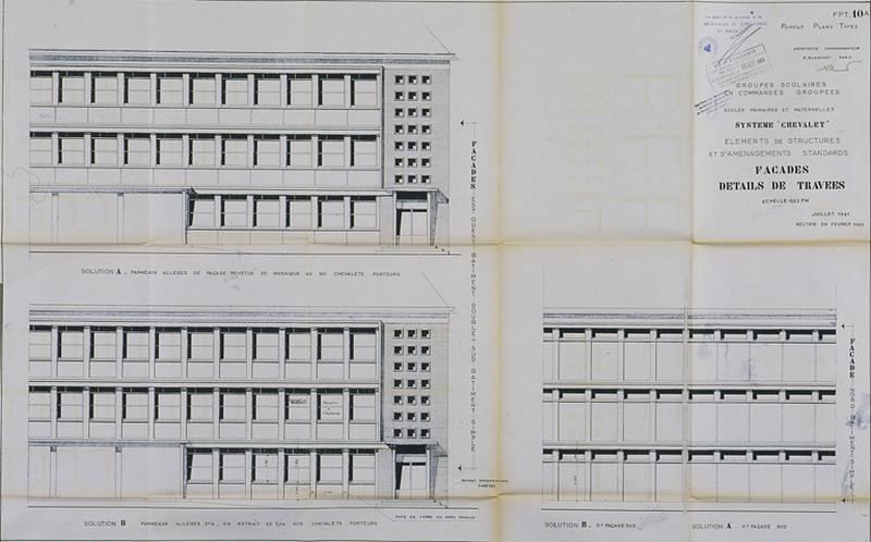 Groupes scolaires en commande groupée (écoles primaires et maternelles) : système 'Chevalet', éléments de structure et d'aménagement standards, solutions A et B : façades, détail de travées ; plans dressés en juillet 1961 et rectifiés en février 1963.