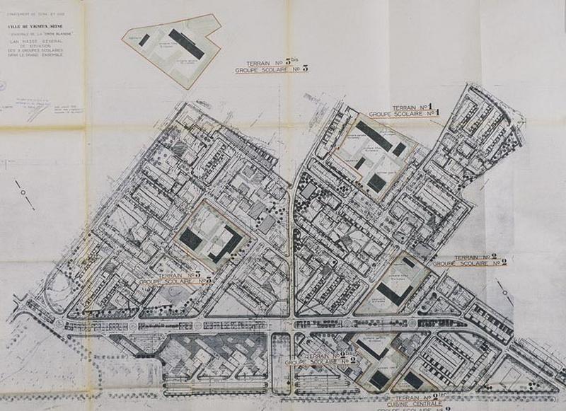 Plan de situation des trois groupes scolaires dans le grand ensemble : groupe scolaire n° 2 (Paul-Langevin), groupe scolaire n° 3 (Romain-Rolland) et groupe n° 1 devenu CES Paul-Eluard.