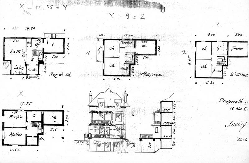 Plan des quatre niveaux, demi coupe transversale et élévation antérieure schématique : document manuscrit constitutif du dossier d'indemnisation et de reconstruction pour dommages de guerre, non daté.