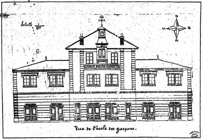 Elévation antérieure de l'école-mairie-presbytère dans l'impasse de l'église, dessiné vers 1899 par l'instituteur M. Briant.