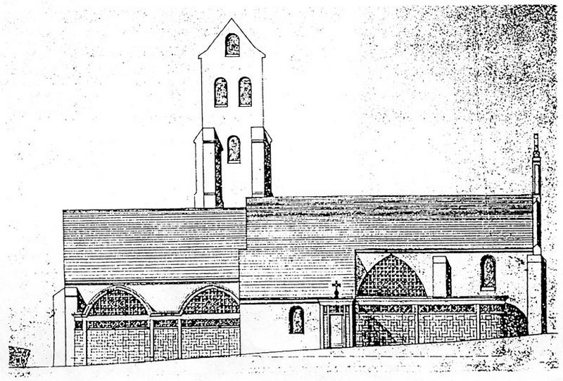Elévation longitudinale de l'église, levée en 1927, alors que l'agence Perret se voit confier un projet de consolidation et d'extension de l'édifice. Document publié dans 'Les frères Perret, l'oeuvre complète' sous la dir. de Maurice Culot, David Peycéré et Gilles Ragot. Paris, Institut français d'architecture, 2001. p. 399.