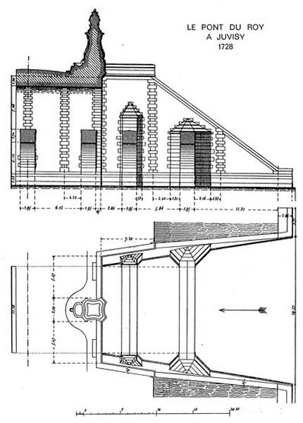 Coupe longitudinale et plan de la moitié amont du pont, montrant l'implantation de l'une des deux bornes-fontaines, d'après les relevés de Fernand de Dartein.