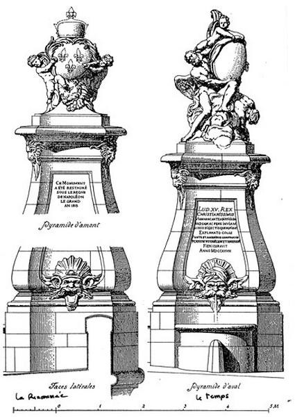 Essai de restitution de l'élévation initiale des deux bornes-fontaines d'après les relevés de Fernand de Dartein, publiés dans 'Etudes sur les ponts en pierre remarquables par leur décoration, antérieurs au XIXe siècle'. Paris, 1907. Tome II, p. 113.