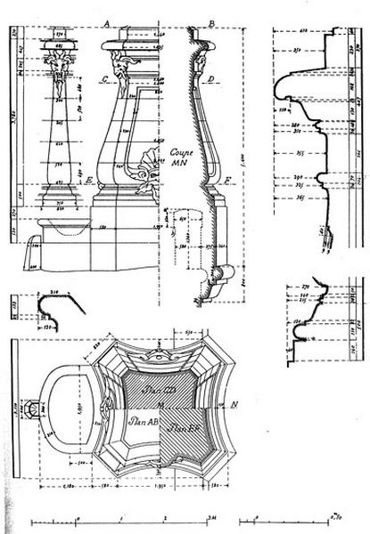 Plans, coupe et élévations partiels de l'une des deux bornes-fontaines, d'après les relevés de Fernand de Dartein, publiés dans 'Etudes sur les ponts en pierre remarquables par leur décoration, antérieurs au XIXe siècle'. Paris, 1907. Tome II, p. 113.