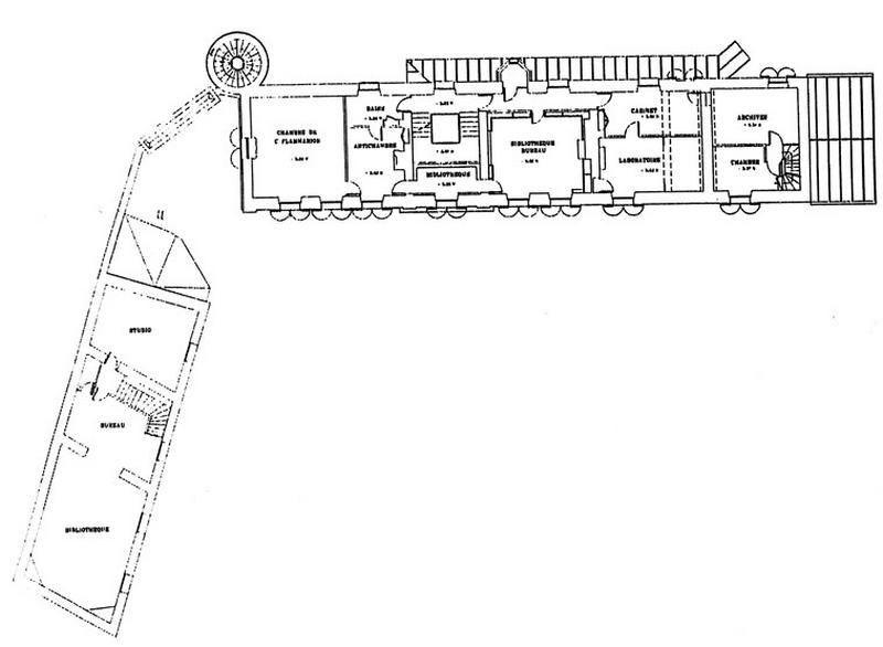 Bâtiment de l'observatoire-demeure de Camille Flammarion : plan du premier étage réalisé par Evelyne Mauger en 1998 dans le cadre d'un projet de réhabilitation commandé par l'Ecole d'architecture de Paris-Villemin.