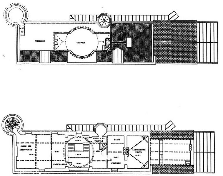 Bâtiment de l'observatoire-demeure de Camille Flammarion : plan du deuxième étage réalisé par Evelyne Mauger en 1998 dans le cadre d'un projet de réhabilitation commandé par l'Ecole d'architecture de Paris-Villemin.