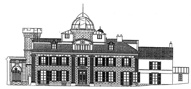 Bâtiment de l'observatoire-demeure de Camille Flammarion : élévation de la façade antérieure côté cour, réalisée par Evelyne Mauger en 1998 dans le cadre d'un projet de réhabilitation commandé par l'Ecole d'architecture de Paris-Villemin.