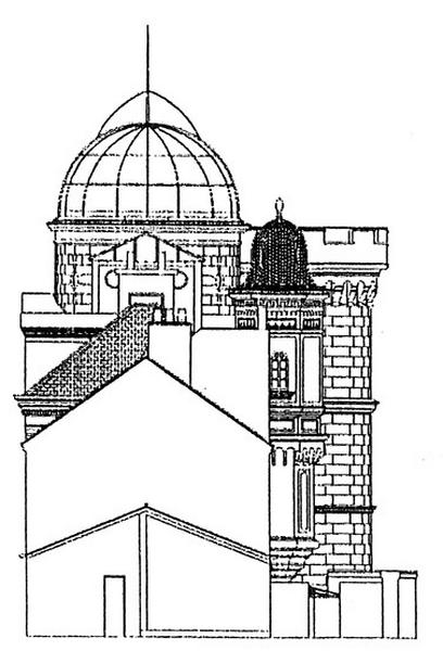 Bâtiment de l'observatoire-demeure de Camille Flammarion : élévation du pignon nord réalisée par Evelyne Mauger en 1998 dans le cadre d'un projet de réhabilitation commandé par l'Ecole d'architecture de Paris-Villemin.