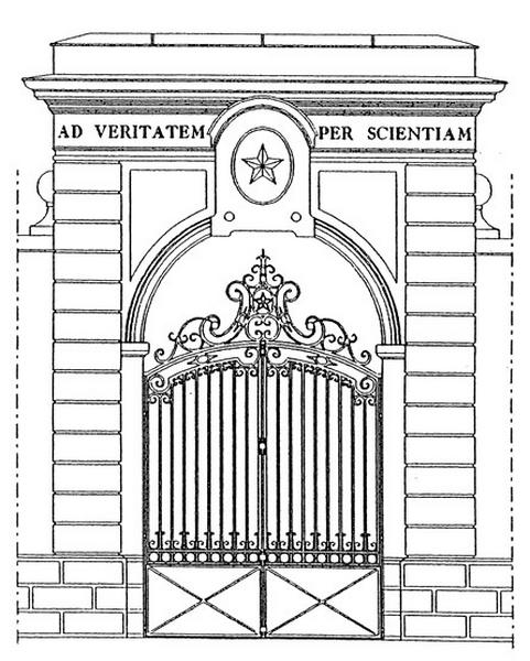 Bâtiment de l'observatoire-demeure de Camille Flammarion : élévation de la façade sud du portail d'entrée réalisée par Evelyne Mauger en 1998 dans le cadre d'un projet de réhabilitation commandé par l'Ecole d'architecture de Paris-Villemin.