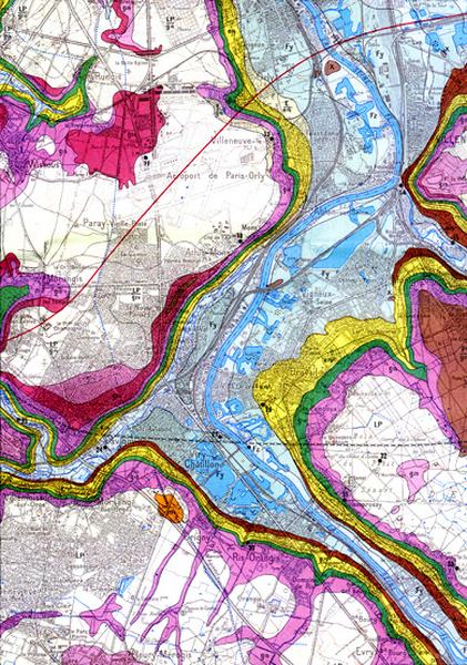 Détail de la carte géologique de la France, 2e éd., feuille de Corbeil, au 1/50 000e, type 1922, d'après les explorations géologiques exécutées en 1955-1957. Orléans-La Source, éd. du B.R.G.M., 1967.