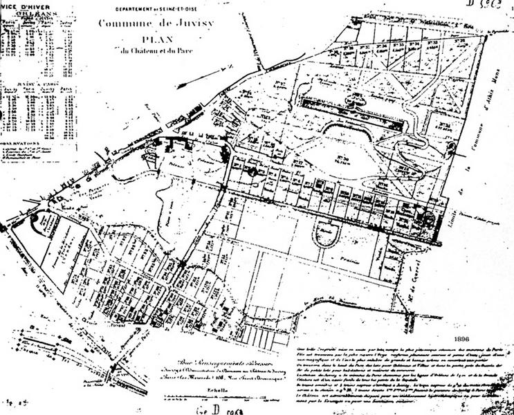 Plan de la commune de Juvisy de 1896, en cours de lotissement : document publicitaire destiné à faciliter la vente de lots en insistant sur la proximité de la gare et la fréquence de la desserte des trains de banlieue.