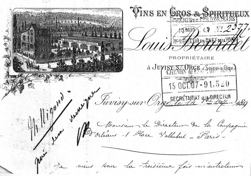 Papier à en-tête de l'entreprise Louis Bourdel négociant en vins et spiritueux établi à Juvisy en bordure des voies ; document daté du 14 octobre 1907.