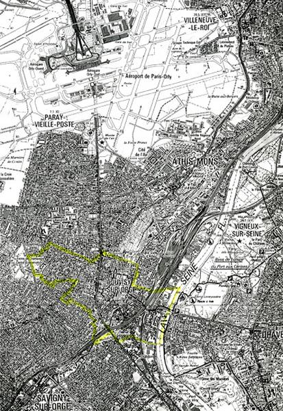 Détail de la carte I.G.N. n°2315 OT au 1/25 000e, portant en jaune les contours de la commune de Juvisy-sur-Orge.