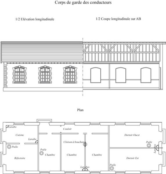 Gare de Juvisy-triage : corps-de-garde des conducteurs de la compagnie du P.O. : élévation sur le pignon, plan au sol et coupes transversale et longitudinale joints au projet d'installation du chauffage central : document non signé, daté du 30 mars 1933.