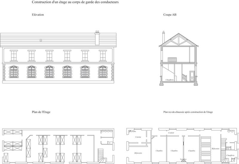 Gare de Juvisy-triage : construction d'un étage au corps-de-garde des conducteurs afin d'y établir un dortoir pour les employés de la compagnie du P.O. et d'installer un réfectoire et un dortoir au rez-de-chaussée pour les employés de la Grande Ceinture : plan de détail et coupe transversale : document non signé, daté du 19 septembre 1907.