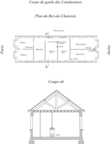 Gare de Juvisy-triage : corps-de-garde des conducteurs de la compagnie du P.O. : plan de détail et coupe transversale joints au projet de transformation de l'aménagement intérieur : document non signé, daté du 19 septembre 1907.