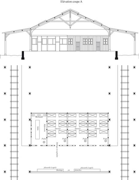 Halle de transbordement n°1 du triage aménagé en dortoir-réfectoire pendant la Grande Guerre : plan des premières travées et élévation d'un pignon dressés d'après un plan de 1917 des Archives de la S.N.C.F. (40 LM 130).