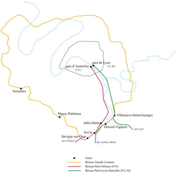 Carte schématique du réseau de la Grande Ceinture et de son interconnexion avec ceux du P.O. et du P.L.M. entre Villeneuve-Saint-Georges et Savigny-sur-Orge.