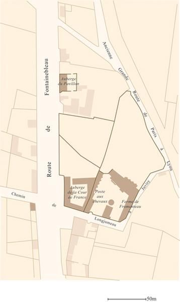 Plan restituant les bâtiments du hameau de Fromenteau en 1811 à partir du cadastre napoléonien.