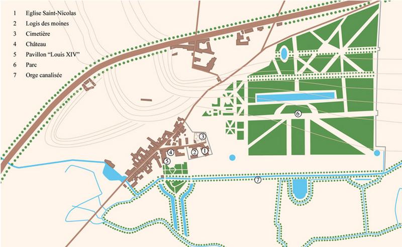 Plan restituant les bâtiments du château, de l'église Saint-Nicolas, du logis des moines, du pavillon Louis XIV, du cimetière ancien, du moulin et du bourg ancien ainsi que le cours de l'Orge canalisée et le dessin du parc vers 1680 à partir de divers documents anciens.