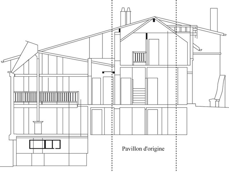 Coupe transversale montrant la maison d'origine (à droite) et l'extension réalisée par Camille Lambert pour y installer son atelier.