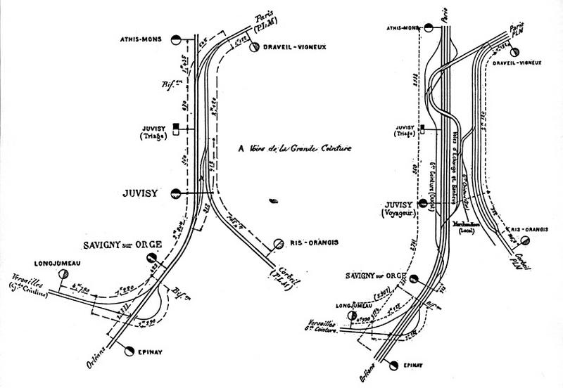 Le réseau de la Grande Ceinture : schéma montrant l'évolution du complexe de Juvisy avant (à gauche) et après la mise à 4 voies de la ligne d'Orléans en 1901-1904