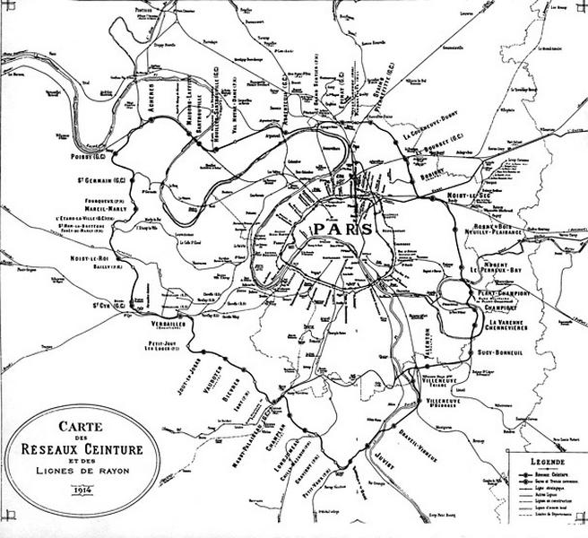 Le réseau de la Grande Ceinture : carte du réseau en 1914. On notera les raccordements aujourd'hui disparus d'Epinay-Villetaneuse, Epinay-sur-Seine (bifurcation du Grand Sentier) et de Saint-Nom-la-Bretèche. On remarque aussi les gares militaires de la ligne stratégique.