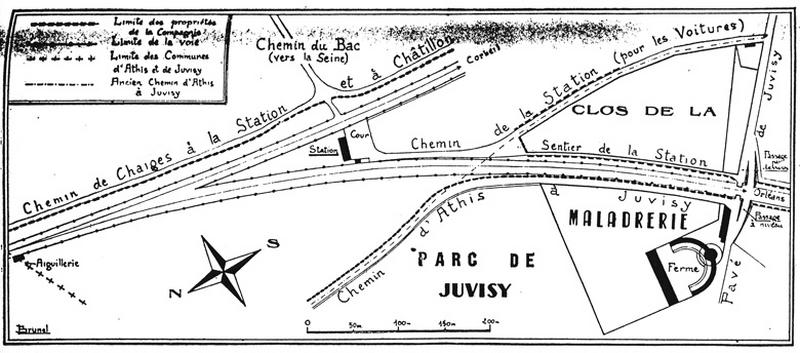 La gare et l'interconnexion des réseaux : dessin de Louis Brunel montrant les premiers aménagements de la station de Juvisy, avec la fourche des lignes de Corbeil et d'Orléans, la première gare implantée en travers de la bifurcation, et l'interférence des voies ferrées dans le réseau viaire.