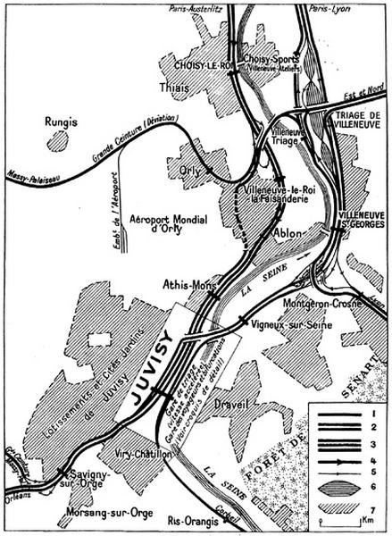 La gare et l'interconnexions des réseaux Sud-Est, Sud-Ouest et Grande Ceinture vers 1950, au lendemain de la Reconstruction. Carte extraite de 'Géographie des chemins de fer français' de H. Lartilleux, tome premier. Paris, Chaix, 1950.