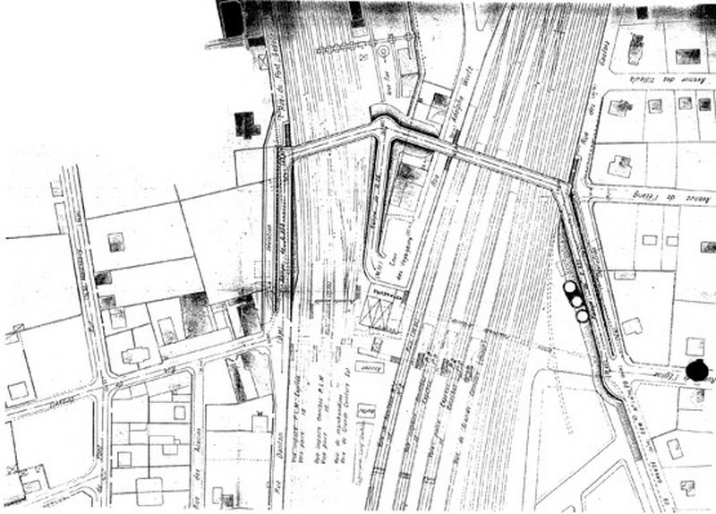 Gare de Juvisy-voyageurs (1e gare) : pont supérieur de maçonnerie projeté au-dessus des voies, en remplacement des passerelles métalliques. 3e projet non signé, daté du 14 juin 1904.