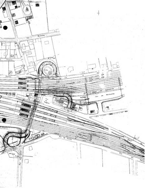 Gare de Juvisy-voyageurs (1e gare) : pont supérieur de maçonnerie projeté au-dessus des voies, en remplacement des passerelles métalliques : plan d'ensemble non signé, daté du 27 décembre 1905.