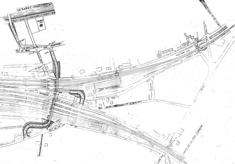 Gare de Juvisy-voyageurs (1e gare) : pont supérieur de maçonnerie projeté au-dessus des voies, en remplacement des passerelles métalliques : plan d'ensemble non signé, daté du 14 décembre 1909.