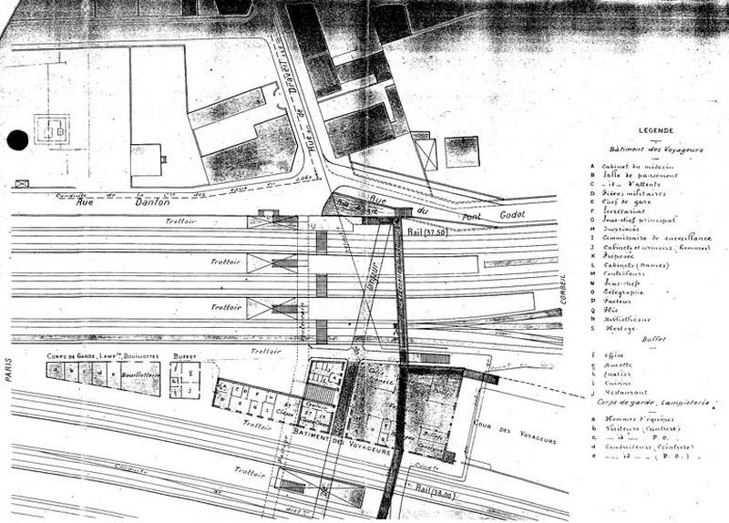 Gare Juvisy-voyageurs (2e gare) : passage souterrain public projeté sous les voies, de 3m de largeur : plan d'ensemble non signé, daté du 22 mai 1907.