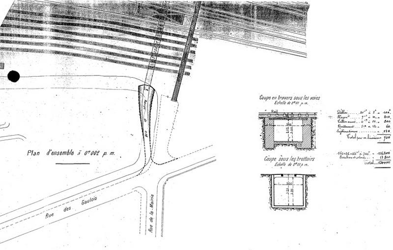 Gare Juvisy-voyageurs (2e gare) : passage souterrain public projeté sous les voies, de 3m de largeur : plan d'ensemble partiel et coupe transversale non signés, datés du 22 mai 1907.