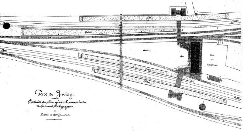 Gare de Juvisy-voyageurs (1e gare) : dallage en asphalte des quais du réseau de Paris-Orléans : plan d'ensemble non signé, daté du 29 mai 1881.