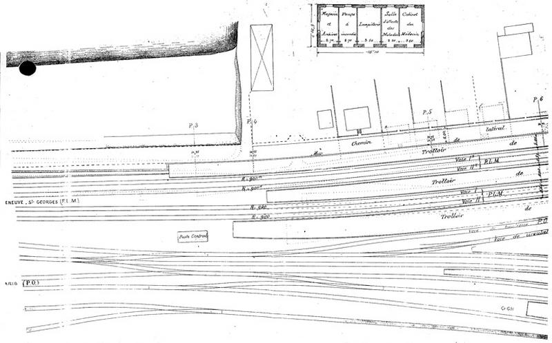 Gare de Juvisy-voyageurs (1e gare) : projet de doublement des voies principales des deux réseaux (P. O.et P.L.M.) : plan d'ensemble de la partie nord de la gare, non signé, daté du 29 septembre 1889.