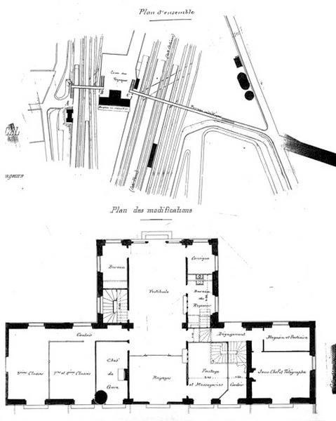 Gare de Juvisy-voyageurs (1e gare) : projet de modification de la sortie des voyageurs,plan de situation et plan détaillé, non signés, datés du 28 août 1888.