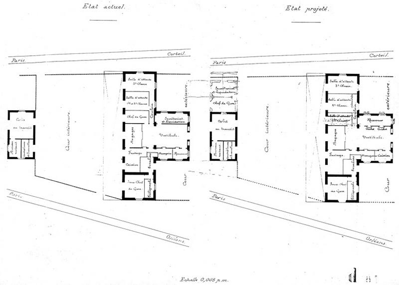 Gare de Juvisy-voyageurs (1e gare) : agrandissement de l'annexe au bâtiment voyageurs et modifications intérieures de divers locaux du bâtiment principal : plan de l'état actuel et de l'état projeté, projet non signé, daté du 19 mai 1897.