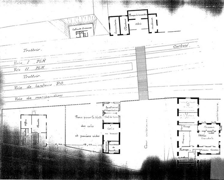 Gare de Juvisy-voyageurs (1e gare) : aménagement de l'annexe au bâtiment voyageurs et construction d'un abri sur le quai est du réseauP.L.M. : plan du projet, non signé, daté du 23 décembre 1897.