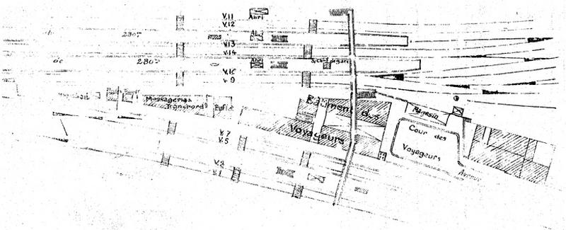 Gare de Juvisy-voyageurs (2e gare) : plan de la nouvelle gare construite sous l'ancienne passerelle métallique : document non signé, daté du 15 décembre 1926.