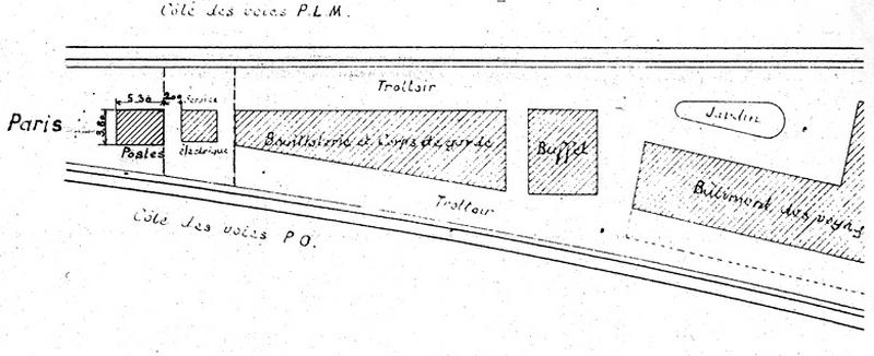 Gare de Juvisy-voyageurs (2e gare) : plan de la nouvelle gare construite avec le nouveau local postal projeté : document non signé, daté du 15 juin 1909.